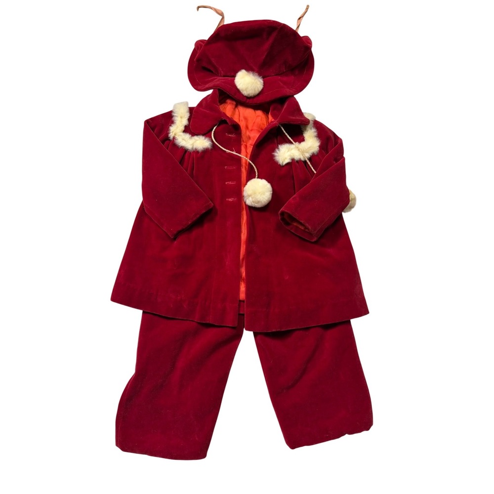 Vintage 40s/50s‎ Handmade Red Velvet Baby Christmas Set Jacket Pants Hat As Is
